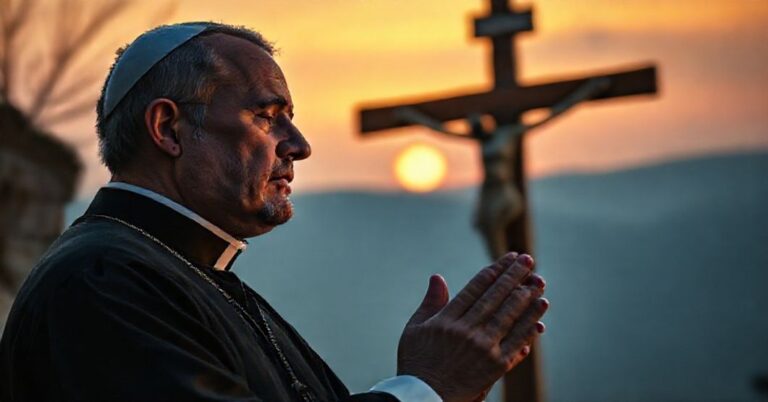 Prawdziwy katolicy w modlitwie przed krzyżem symbolizującym duchową pustynię współczesnej dyplomacji i brak chrześcijańskiego porządku w relacjach międzynarodowych.