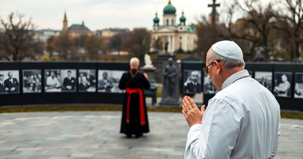 Ksiądz modlący się przed pomnikiem wojennym w Krakowie z widokiem na miasta i kościoły na tle. Zdjęcie podkreśla brak perspektywy katolickiej w wystawach fotograficznych.