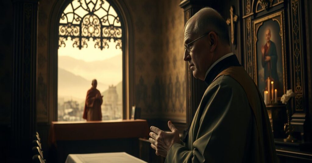 Tradycyjny polski ksiądz w sutannie modli się w ciemnej kościelnej wnętrzu przed pustym ołtarzem z zapalonymi świecami. W tle widnieje słaby widok Dalajlamy w habitach buddyjskich obok zniszczonych klasztorów tybetańskich.