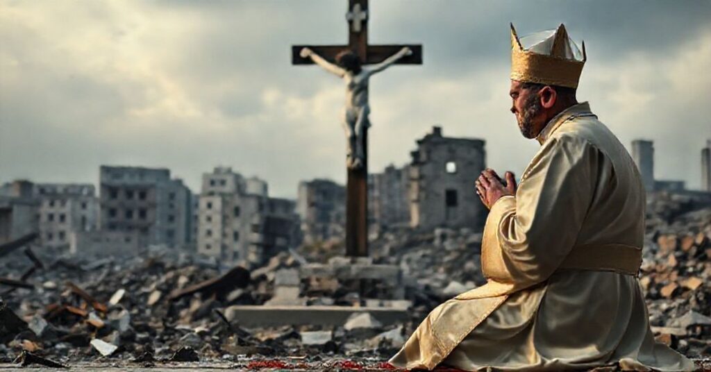 Kneeling priest in front of crucifix with war-torn Ukrainian city ruins in the background.