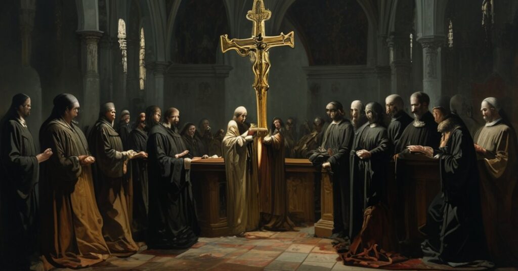 Uroczyście modlący się przed sarkofagiem Marii Łempickiej w klasztorze klarysek w Kętach