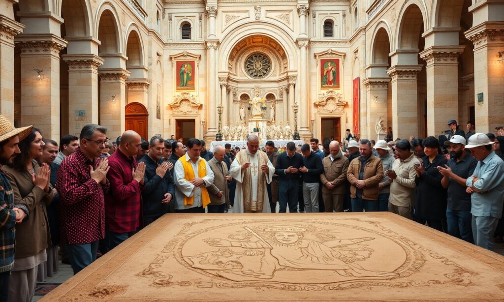 Zdjęcie przedstawiające modlitwę ludzi pracy w Licheniu przed Bazyliką w Licheniu. Na tle odbywa się tradycyjna msza katolicka z kapłanem w tradycyjnych szatach liturgicznych i spektakl malowania piaskiem na żywo.