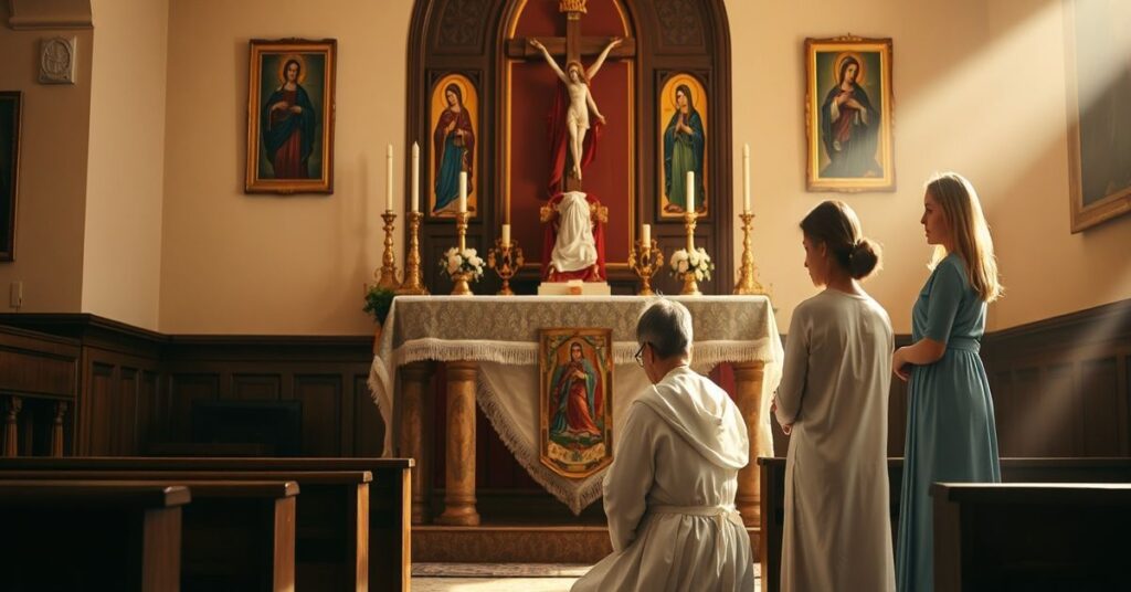 Kobieta w modlitwie przed ołtarzem z krzyżem i ikonami Matki Bożej