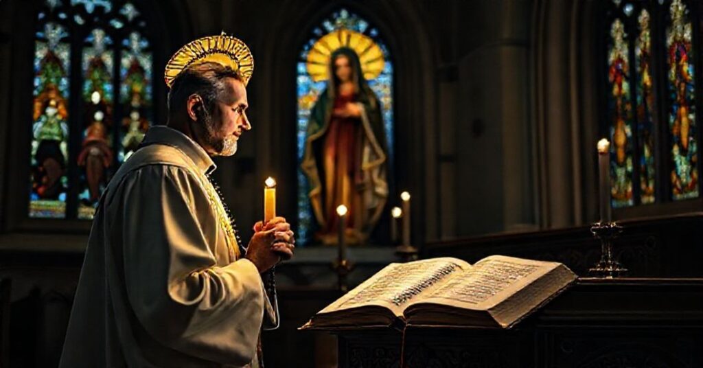 Tradycyjny kapłan w modlitwie przed rzeżbą Matki Boskiej w gotyckiej kaplicy