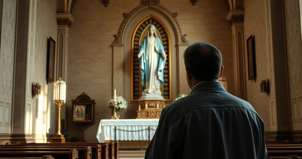Mężczyzna modli się przed figurą Matki Bożej w tradycyjnej katolickiej świątyni, symbol pokory i wiary, w spokojnej, duchowej atmosferze.