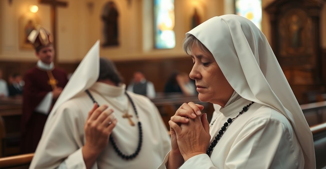 Modlitwa matki katolickiej w kościele podczas kryzysu na Ukrainie Szczera modlitwa matki katolickiej w kościele, wyraz głębokiego smutku i wiary w trudnych czasach wojny na Ukrainie