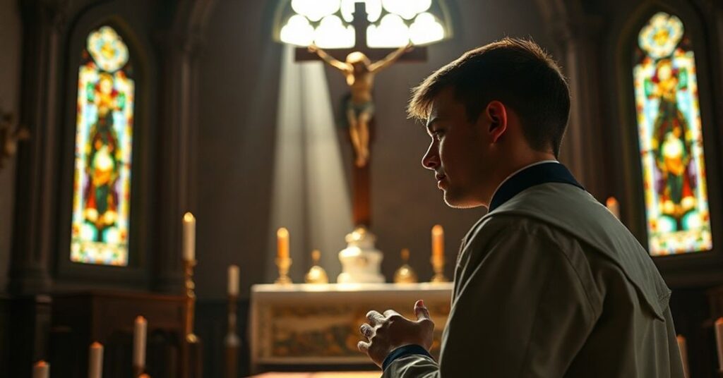 Młody katolicki mężczyzna w tradycyjnym stroju modlący się przed krzyżem w kaplicy z witrażem.