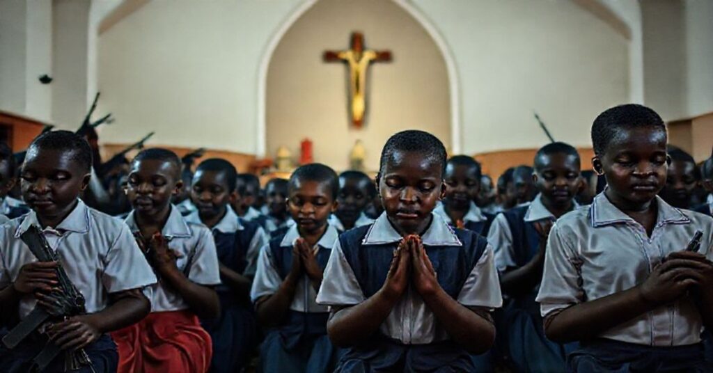 Grupa młodzieży katolickiej w Nigerii modli się w obliczu zagrożenia ze strony uzbrojonych napastników. Tło przedstawia tradycyjny kościół katolicki z krzyżem jako symbolem nadziei.