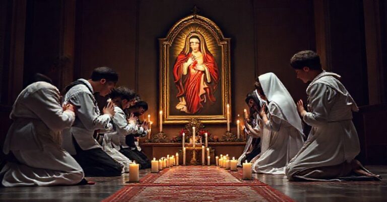 Grupa młodzieży modli się w kaplicy przed obrazem Niepokalanego Serca Maryi, symbolizując walkę z pornografią.