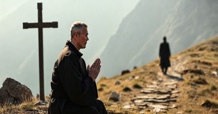 Kneeling monk in traditional habit praying before a cross, with a distant figure walking away on a mountain path, symbolizing the contrast between Catholic perseverance and modernist resignation.