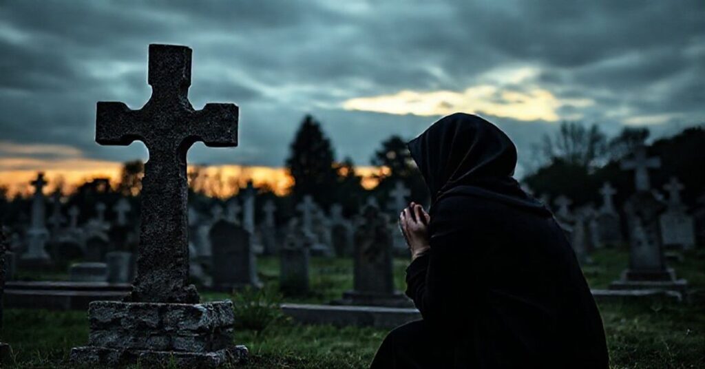 Pobożna kobieta modli się na cmentarzu przy kamiennym krzyżu na tle zachodzącego słońca, symbolizując katolicką naukę o czyśćcu i modlitwach za zmarłych.