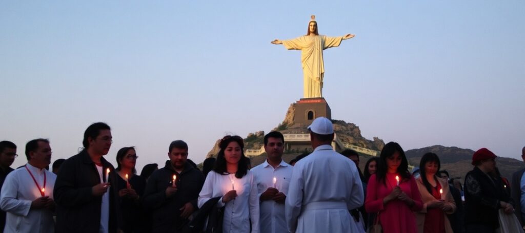 Grupa wiernych na Górze Cristo Rey w Nowym Meksyku modli się w obronie ziemi kościelnej przed rządem USA