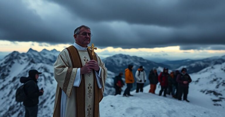 Ksiądz katolicki w tradycyjnych szatach kapłańskich modli się na śnieżnym szczytem górskim podczas burzy śnieżnej, otoczony przez uwięzionych turystów w potrzebie duchowej