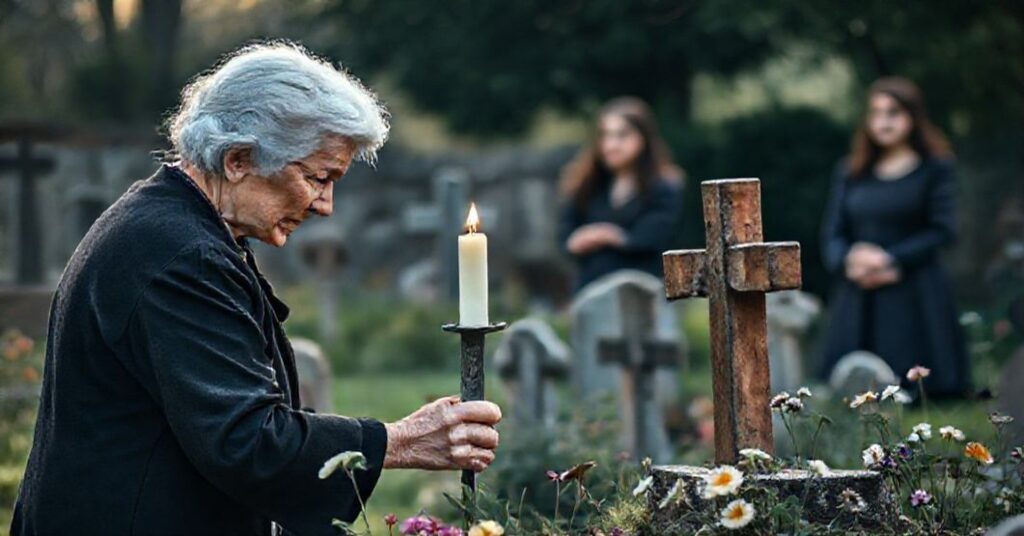 Stara kobieta zapala znicz na grobie przy tradycyjnym krzyżu, otoczona blaknącymi kwiatami. Młodsza kobieta obserwuje z daleka z odległym wyrazem twarzy.