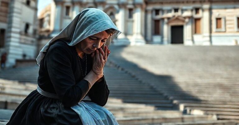 Kobieta w tradycyjnej stroju katolickim modli się u podnóża Schodów Hiszpańskich w Rzymie