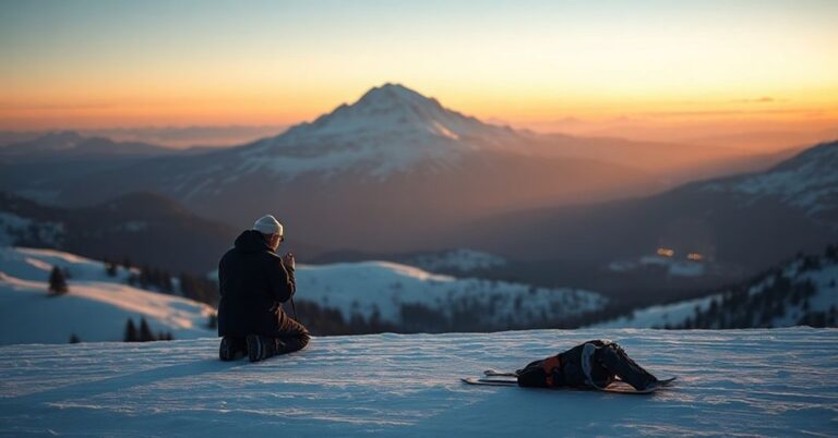 Samotna figura modląc się na stoku narciarskim przy świcie w Madonna di Campiglio