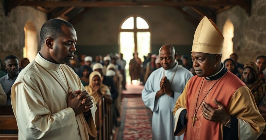 Catholic księża modlą się w cerkwi, wierni w Nigerii po atakach, wyraz bólu i modlitwy za prześladowanych chrześcijan