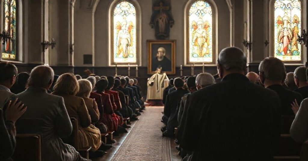 Zbór katolickiego tradycjonalistów modlący się w starej polskiej świątyni przed portretem biskupa Piotra Gołębiowskiego podczas kontrowersyjnego procesu beatyfikacyjnego.