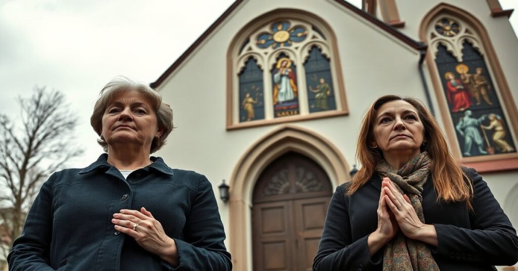 Kaja Godek i Weronika Krawczyk w modlitwie przed tradycyjnym kościołem w Polsce