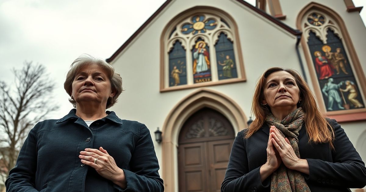 Kaja Godek i Weronika Krawczyk w modlitwie przed tradycyjnym kościołem w Polsce