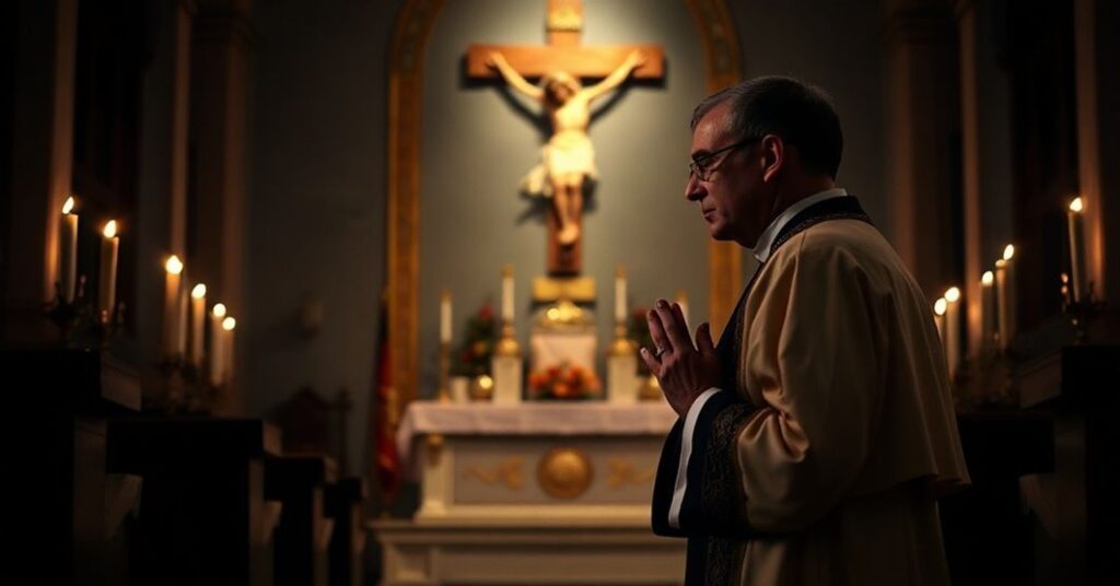 Kneeling priest in traditional vestments before a crucifix in a dimly lit church, reflecting on the sacredness of suffering and divine grace.