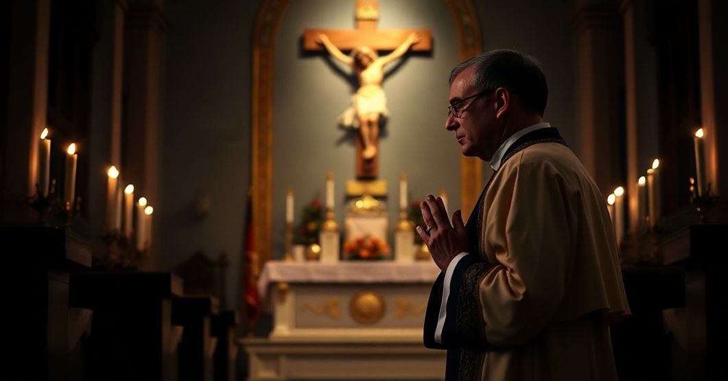 Kneeling priest in traditional vestments before a crucifix in a dimly lit church, reflecting on the sacredness of suffering and divine grace.