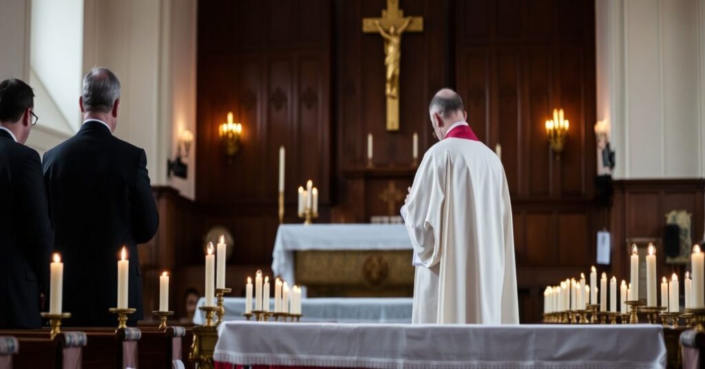 Wnętrze kościoła w Lublinie z księdzem w tradycyjnych szatach liturgicznych modlącego się przy ołtarzu, otoczonego poświatą świec. Scena podkreśla potrzebę nawrócenia i sprawiedliwości boskiej w kontekście historycznych zbrodni.