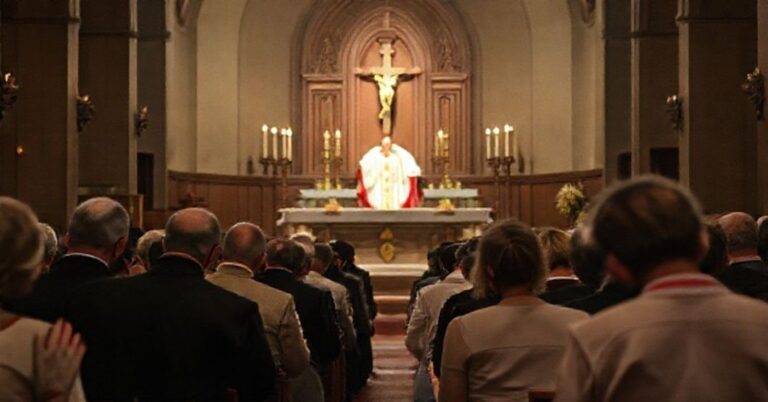 Wierni modlący się w tradycyjnym koście z biskupem trzymującym krzyż w tle