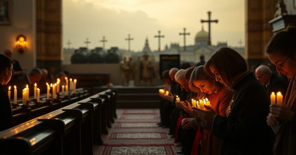 Grupa wiernych modli się w tradycyjnym kościele o pokój i nawrócenie narodów przed fotografią wojskowych fortyfikacji na granicy bałtyckiej.