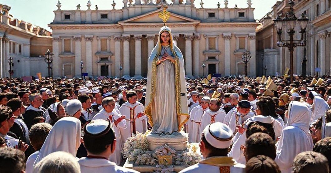 Tradycyjna rzeźba Matki Bożej z Fatimy na Placu Świętego Piotra otoczona przez modernistycznych wiernych. Tło stanowi fasada Bazylicki Świętego Piotra. Scena symbolizuje konflikt między prawdziwą katolicką nauką o pokoju a fałszywym ekumenizmem.