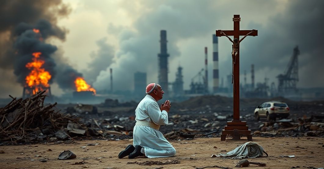 Klasztorna kaplica z gotyckim witrażem przedstawiającym Matkę Boską Niepokalaną, przyciśniętą do ziemi przez zniszczone budynki i płonącą rafinerię na tle wojny.