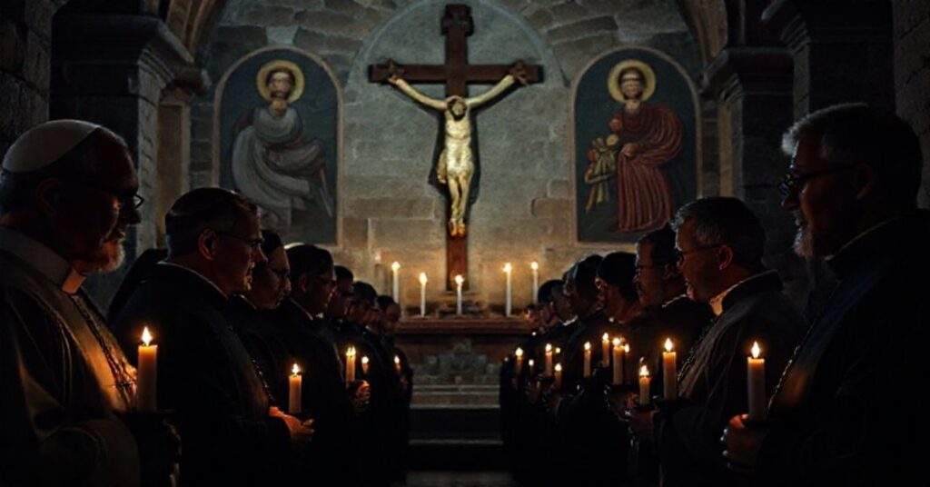 Tradycyjni duchowni modlący się w kaplicy przed krzyżem, symbolizując pokój według nauki katolickiej