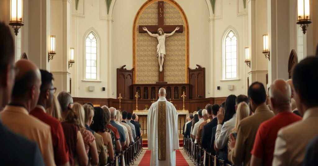 Sobór katolicki z kapłanem w białych szatach i wiernymi modlącymi się przed krzyżem Chrystusa Króla