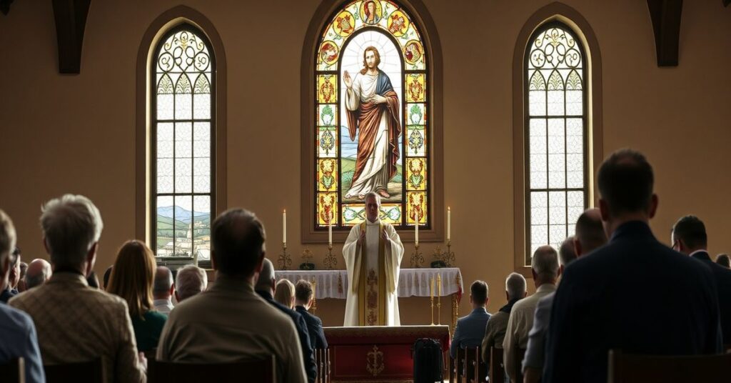 Wierni modlący się w tradycyjnym kościele podczas modlitwy o pokój pod przywodztwem sedewakantystowskiego księżęta