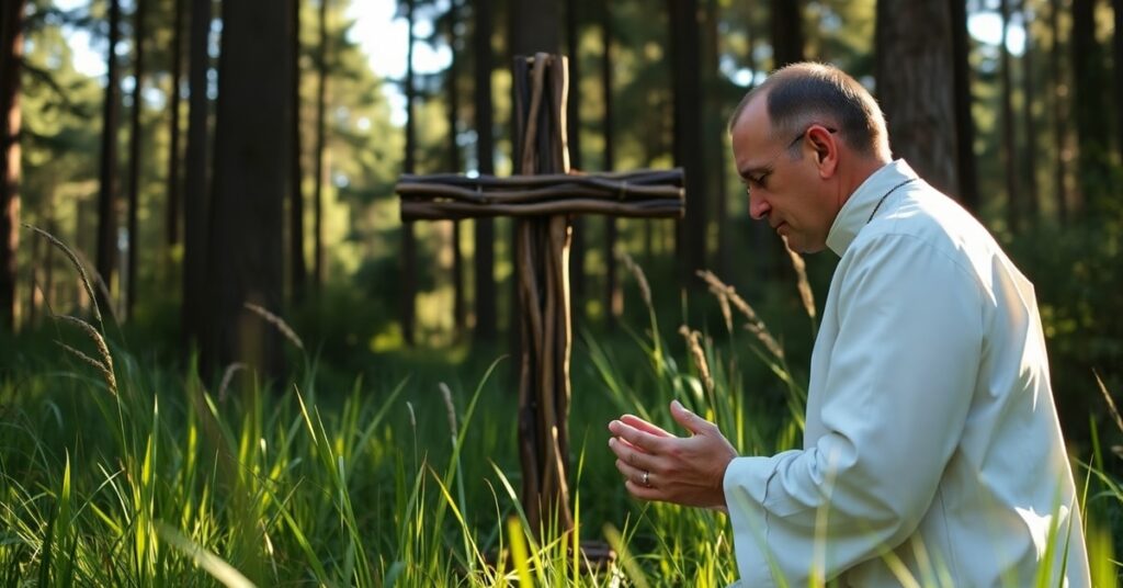 Mężczyzna w tradycyjnym stroju katolickim modli się przed krzyżem w lesie, podkreślając duchową ochronę przed kleszczami.