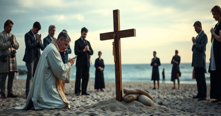 Scena katolicka po ataku terrorystycznym na plaży Bondi w Sydney: kapłan modli się przy krzyżu obok wiernych.