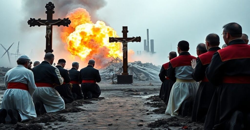 Grupa katolickich pracowników modli się przed krzyżem po eksplozji w fabryce zbrojeniowej Płastmass na Uralu