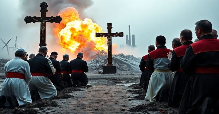 Grupa katolickich pracowników modli się przed krzyżem po eksplozji w fabryce zbrojeniowej Płastmass na Uralu