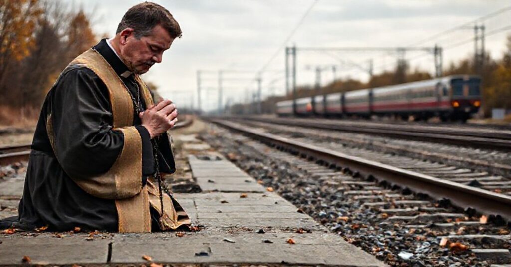 Ksiądz w tradycyjnych szatach modli się przy zniszczonych torach kolejowych w Życzyń pod Garwolinem po wybuchu.