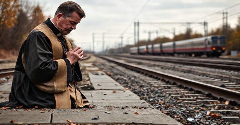 Ksiądz w tradycyjnych szatach modli się przy zniszczonych torach kolejowych w Życzyń pod Garwolinem po wybuchu.