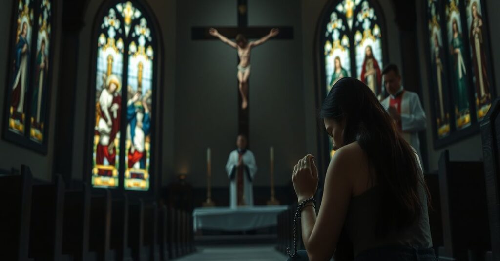 Osoba modli się przed krzyżem w tradycyjnym kościele katolickim po stracie dziecka