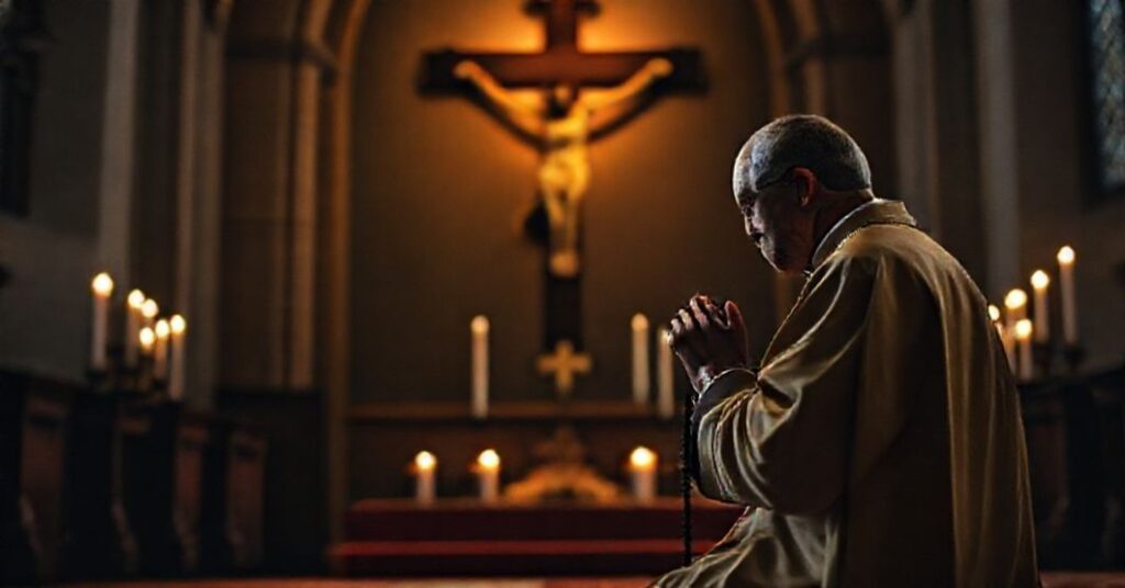 Kapłan katolicki modliący się przed krzyżem po ataku w Manchesterze