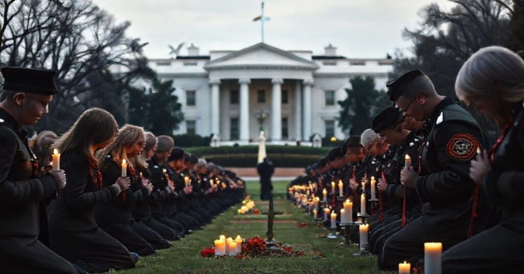 Modlitewny obraz przedstawiający tragiczny atak na strażników Narodowych pod Białym Domem, z wiernymi modlącymi się w żałobie.