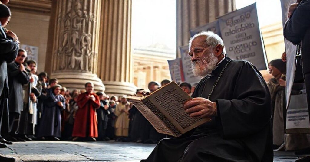 Starego księdza sedewakantisty modlącego się pod kolumną Niepokalanej w otoczeniu wiernych