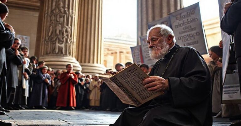 Starego księdza sedewakantisty modlącego się pod kolumną Niepokalanej w otoczeniu wiernych