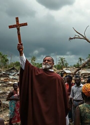Scena zniszczeń na Jamajce po huraganie Melissa, z tradycyjnym katolickim kapłanem prowadzącym publiczną modlitwę pokutną wśród ruin.