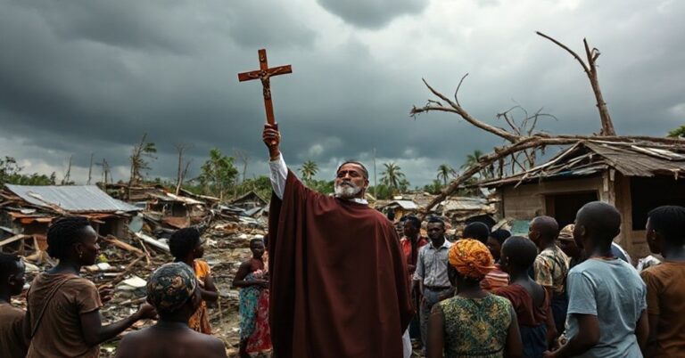 Scena zniszczeń na Jamajce po huraganie Melissa, z tradycyjnym katolickim kapłanem prowadzącym publiczną modlitwę pokutną wśród ruin.