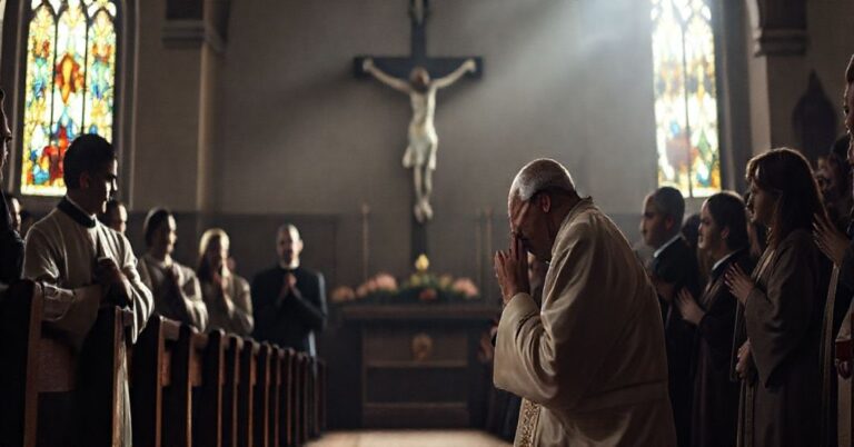 Ksiądz w tradycyjnych szatach modli się przed krucyfiksem w ciemnym kościele z witrażami. Grupa wiernych modli się za nim.
