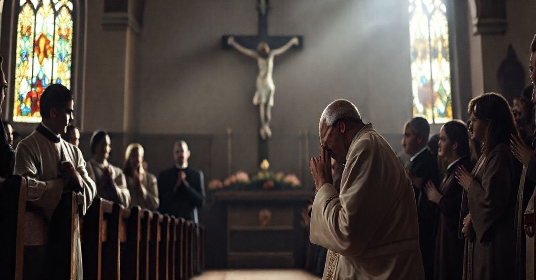 Ksiądz w tradycyjnych szatach modli się przed krucyfiksem w ciemnym kościele z witrażami. Grupa wiernych modli się za nim.