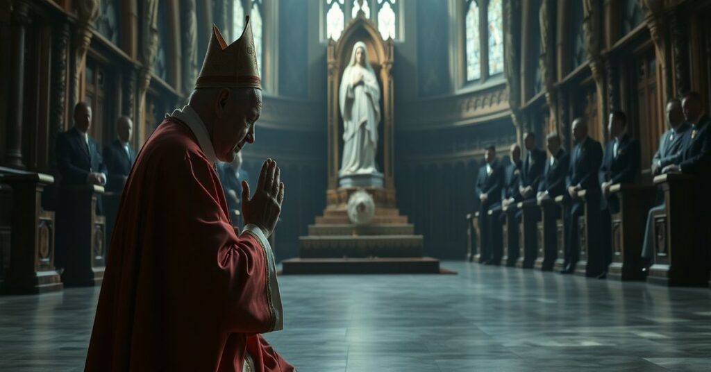 Biskup w tradycyjnym ornaty modli się w ciemnej katedrze przed figurą Matki Bożej Bolesnej podczas debaty w Izbie Lordów o ustawę o wspomaganej śmierci.